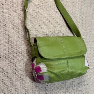 Vintage y2k boho quirky  Green Leather Flower Appliqué Shoulder Bag